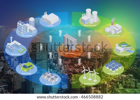Smart Grid conceptual abstract. Various architectures and applications about renewable energy and modern lifestyle, smart energy network, smart city, internet of things