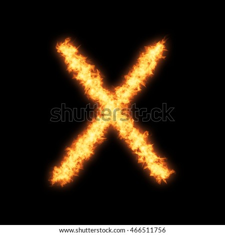 Lower case letter x with fire on black background- Helvetica font based