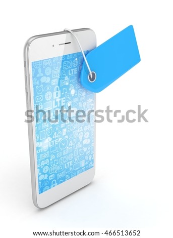 White smart phone with blue price tag on white background. Identification, price, label. 3D rendering.
