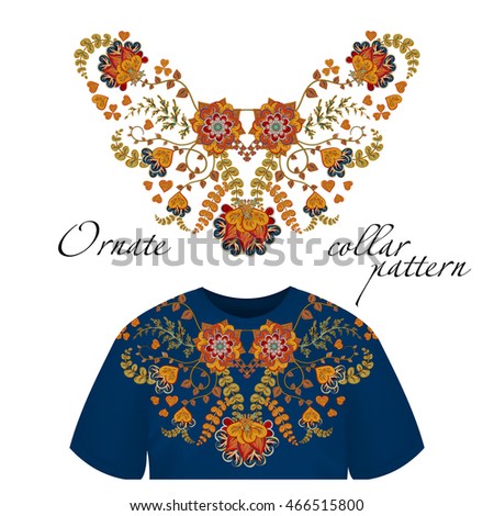 Vector design for collar shirts, shirts, blouses. Colorful ethnic flowers neck. Paisley decorative border. Ornate collar pattern. Brown orange blue.