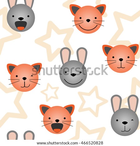 Vector flat seamless pattern - set of cute animal faces. Cat and rabbit head emotions, background element for your design. Kitten and bunny children backdrop illustration. Kids stuff decoration