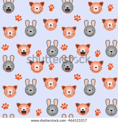 Vector flat seamless pattern - set of cute animal faces. Cat and rabbit head emotions, background element for your design. Kitten and bunny children backdrop illustration. Kids stuff decoration