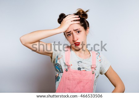 bright hipster girl doubts, isolated on white background