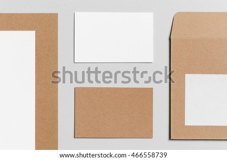 Branding / Stationery Mock-Up - Kraft & White. Close-Up - Letterhead (A4), DL Envelope, Business Cards (85x55mm)