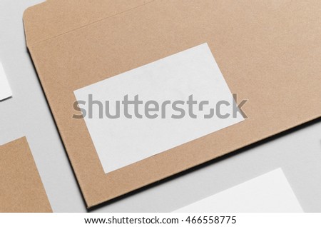 Branding / Stationery Mock-Up - Kraft & White. Close-Up - DL Envelope, Compliments Slip (99x210mm), Business Cards (85x55mm)