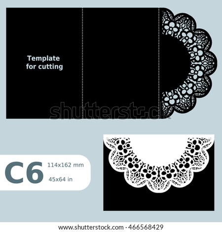 C6 paper openwork greeting card, template for cutting, wedding congratulation,  lace invitation,  card with fold lines,  object isolated background,  laser cut template,  vector illustration