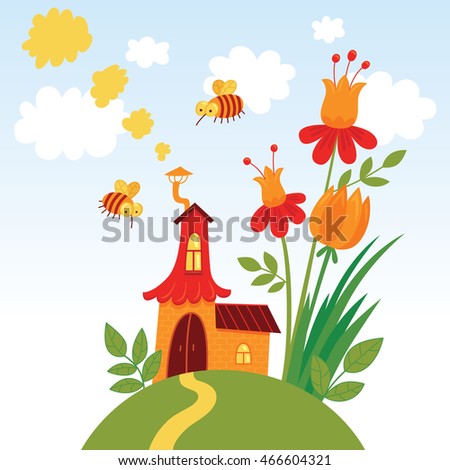 Fairy house in vector. Cute hand drawn illustration of a tiny home with bees and flowers. Creative design for a fairy tale decoration or children`s performance backdrop