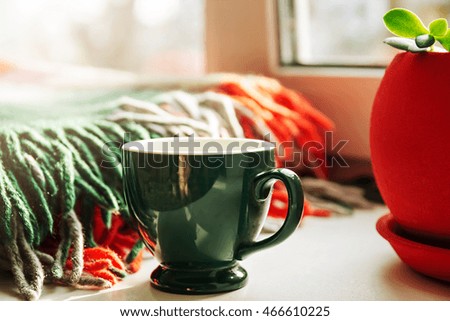 Cup and plaid, flower pot on the window. Red and green colors.