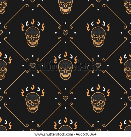 Skull seamless pattern Art Deco. Elegant gold skull, heart and delicate lines on a dark background in the style of a thin line art. Vector illustration