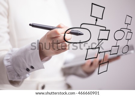 Woman drawing flowchart, business process concept Royalty-Free Stock Photo #466660901
