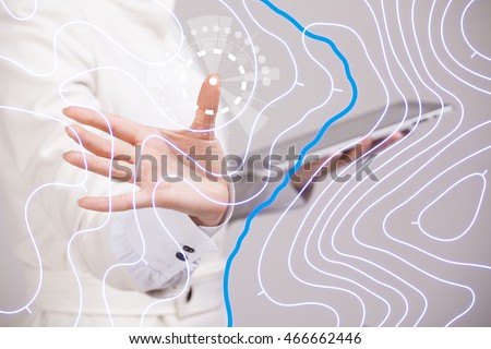 Geographic information systems concept, woman scientist working with futuristic GIS interface on a transparent screen. Royalty-Free Stock Photo #466662446