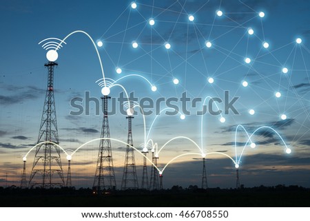 network concept Telecommunication mast television antennas on sunset