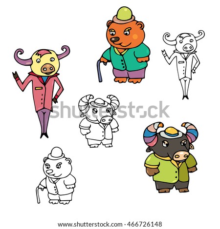 Cartoon bull cow and bear with black outline on isolated background. Animals in suits and hat