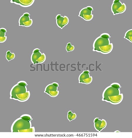 Small lime different sizes sticker gray background. Pattern with lime and leaves and slices.