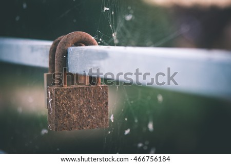 rusty metal locks on the bridge with blur background - vintage film effect