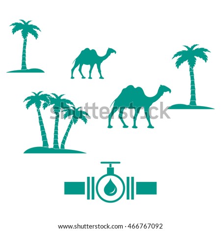Stylized icon of the pipe with a valve and fuel drops on a white background with palm trees and camels