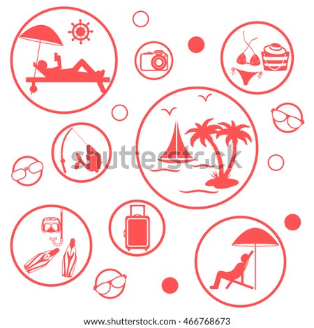 Set of stylized icons of traveler equipment and accessories to relax at your leisure on a white background