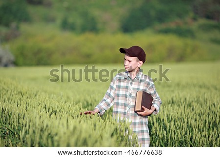 boy reads a book in a field of wheat