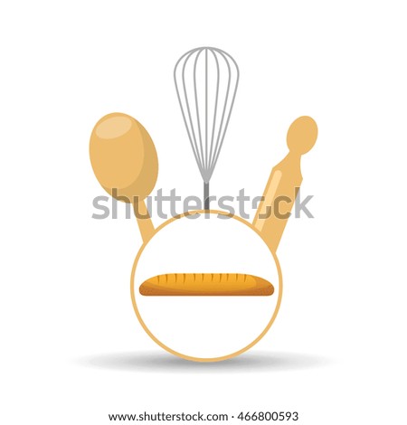 rolling pin, whisk and ladle ,fresh bakery products, vector illustration
