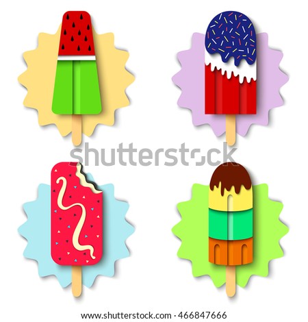 Set of colorful ice cream, realistic paper. Modern material design icons. Trendy food background, digital art. Vector ice cream illustration