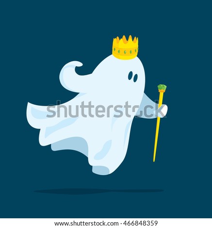 Cartoon illustration of funny king ghost flying with crown and scepter