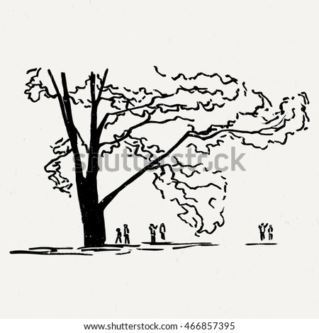 Landscape nature park trees and bushes. Ink traced illustration.