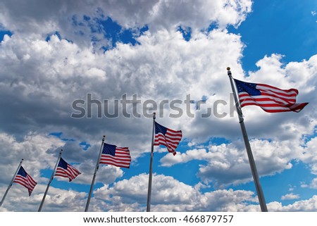 Flags of the United States of America were pictured in Washington D.C., USA. It is one of the main symbols of the country. 50 stars on the flag represents 50 US states.