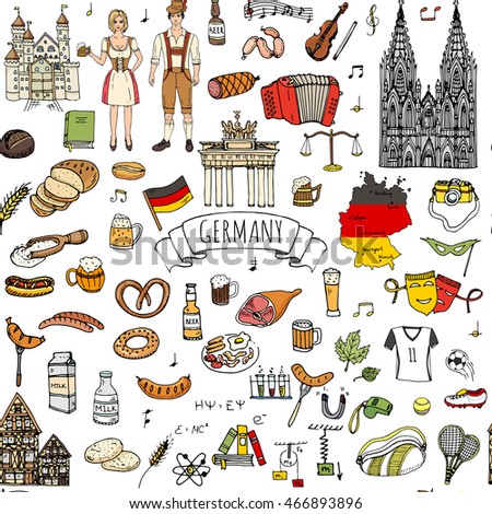 Seamless pattern hand drawn doodle set of Germany icons. Vector illustration set. Cartoon German landmark. Sketchy Europe travel elements collection: Sausage, Beer, Wheat bread, football, castle