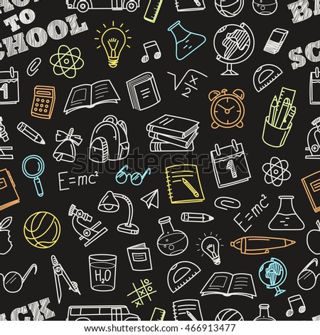 Back to school chalk doodles seamless pattern. Education elements clip-art for 
design