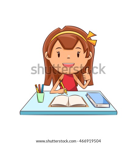 Happy girl, homework, studying Royalty-Free Stock Photo #466919504