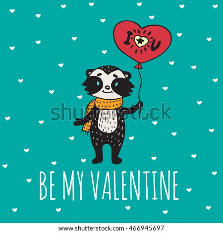 Valentines Day card with illustrated raccoon with balloon-heart. Vector illustrated colorful raccoon with balloon on blue background.