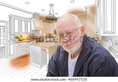 Happy Senior Man Over Custom Kitchen Design Drawing and Photo.