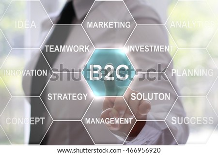 businesswoman presses B2C button on virtual screens. Businessman touched icon business to consumer on touch screen. Innovation concept presented by a consultant in business on webinar screen. Hexagon.
