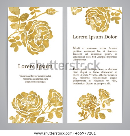 Flyers with floral pattern - rose graphic flowers in gold color Royalty-Free Stock Photo #466979201