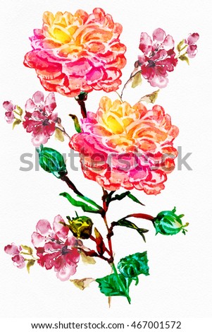 Flower watercolor background.  A bouquet of flowers for wedding invitation, Tropical bright rose
