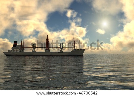 Cargo nave (ship), Sundown on sea with clouds on sky