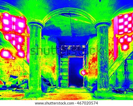 Infra scan, thermography photo. Door into nterior of abandoned  church. Broken stairs to balkony, broken windows. Ruined abandoned  dome