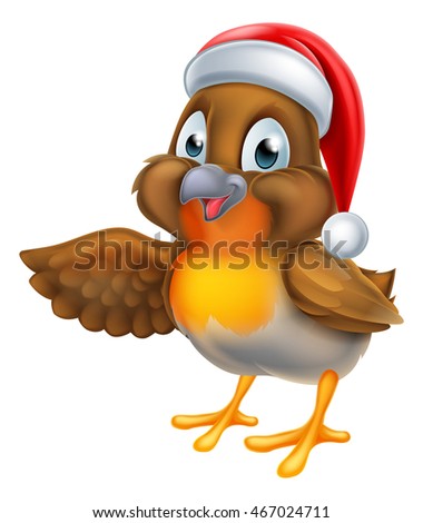 A cartoon robin bird wearing Christmas Santa hat and pointing with wing