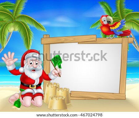 Santa Claus Christmas cartoon with Santa playing on a beach making sandcastles by the beach with tropical palm trees, parrot and large blank sign for your text