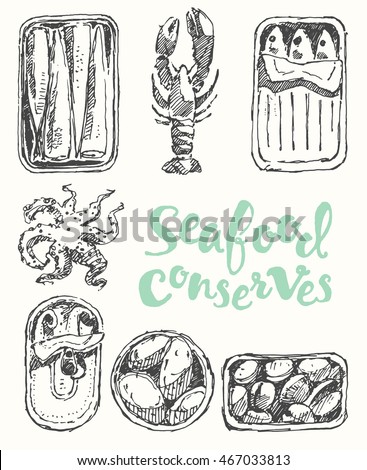 Seafood conserves, vintage engraved illustration, hand drawn, sketch