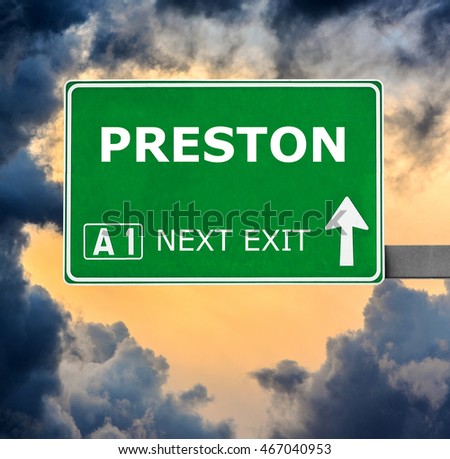 PRESTON road sign against clear blue sky
