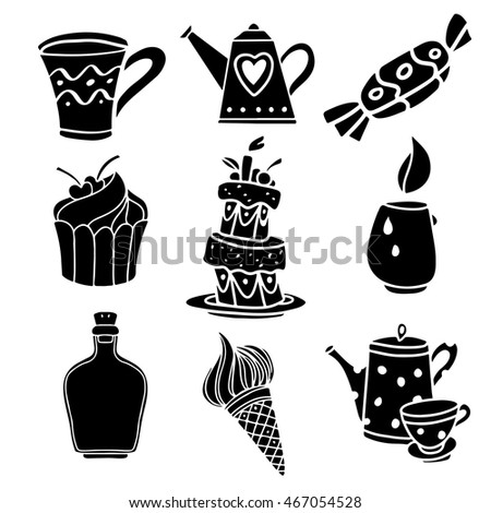 Tea party set. Cup, teapot, coffee, cake, candy, 
ice cream, bottle. Cartoon black hand drawn isolated on white background