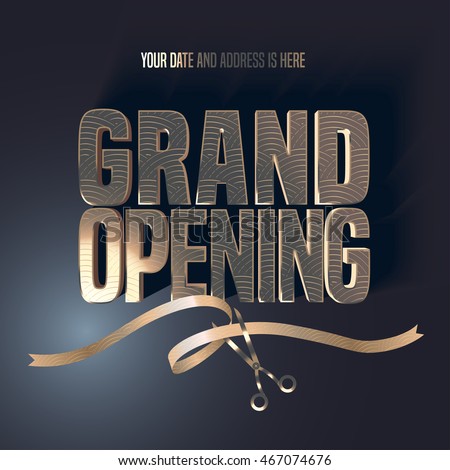 Grand opening vector illustration, background with golden lettering sign and scissors cutting ribbon. Template banner, flyer, design element, decoration for opening ceremony