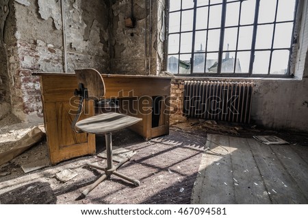 office room in abandoned factory Royalty-Free Stock Photo #467094581