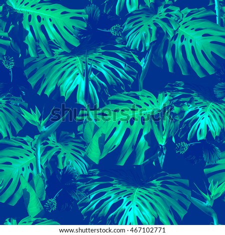 Tropical leaves pattern. Green leaf monstera seamless. Artistic photo collage for floral print. With soft focus effect
