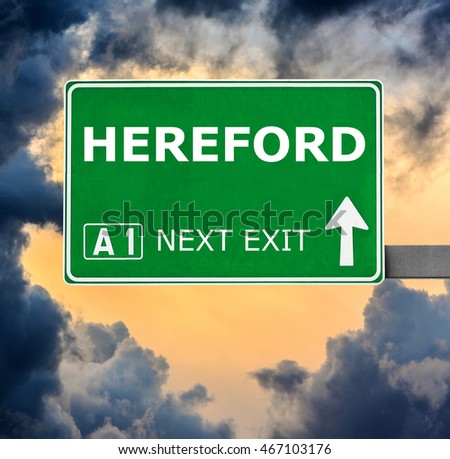 HEREFORD road sign against clear blue sky