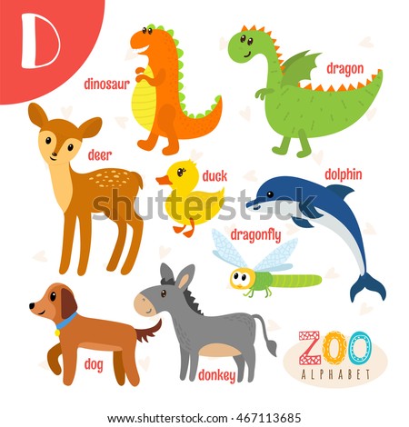 Letter D. Cute animals. Funny cartoon animals in vector. ABC book. Vector illustration