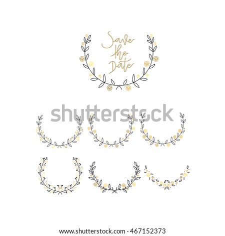 Floral hand drawn vector set. wreath logo and hand writing font for wedding card or decorative on logo design template. Vector illustration.

