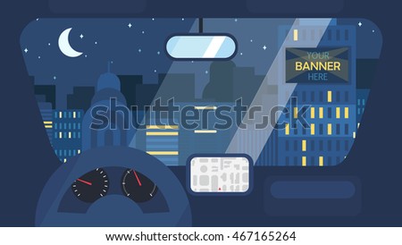 Night City Life Concept. Town street from inside car interior with wheel, speedometer, gps navigator. Urban Landscape Banner with buildings and moon. Vector