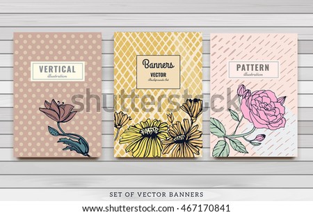 Set of Isolated creative background cards. Hand drawn vintage elements. Vector template banners for card, poster, invitation, flyer, party, wedding, brochure. Flower design collection